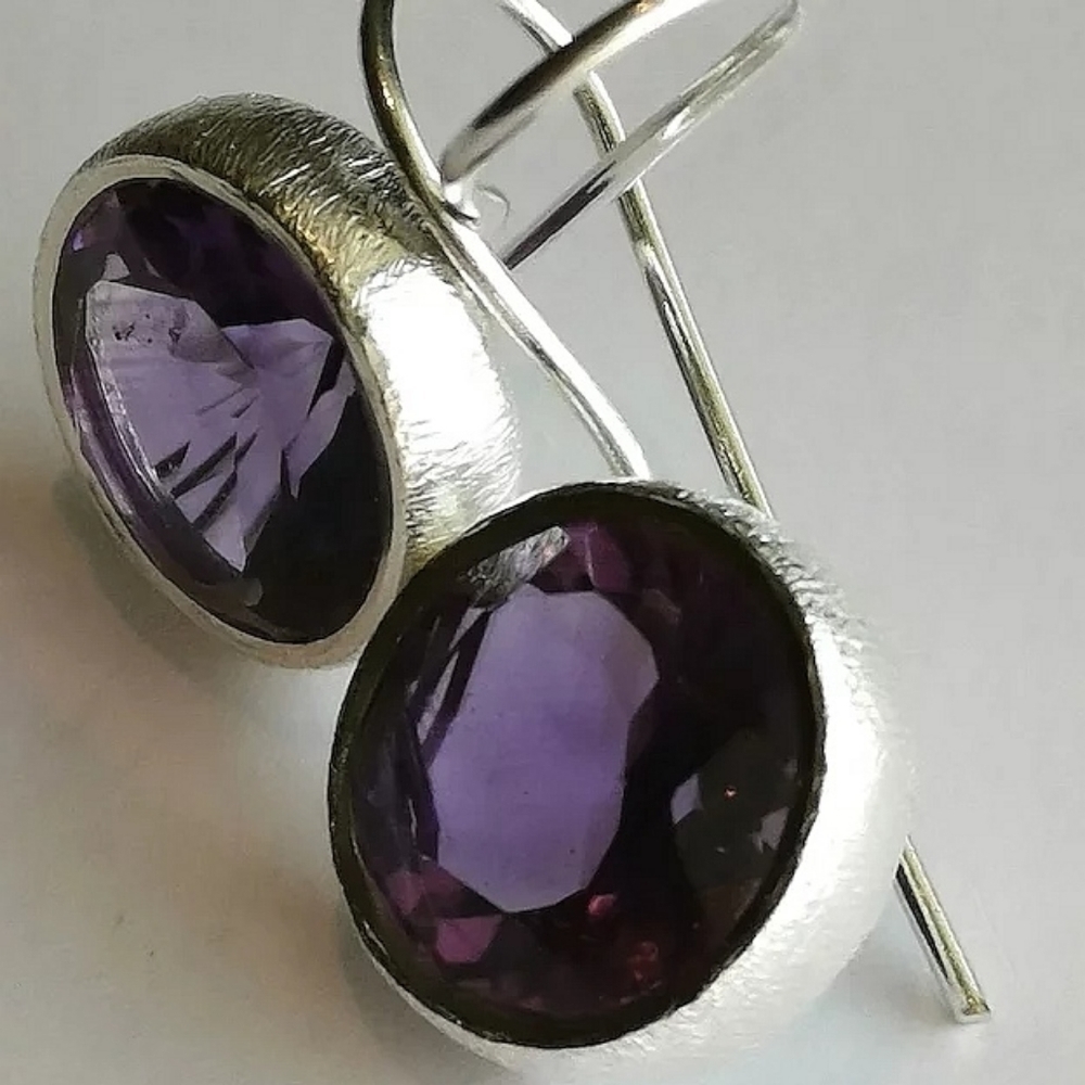 Brushed sterling silver round amethyst drop earrings 🆕 - Picture 8 of 9